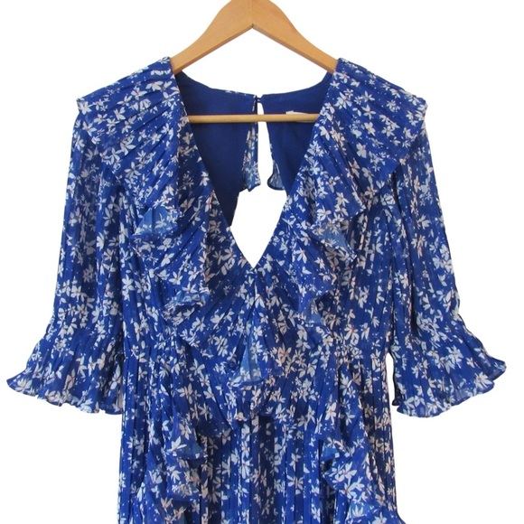 La Maison Talulah Mediterranean Minx Midi Dress Medium Blue Floral Ruffles Boho - Picture 5 of 16